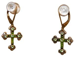Vintage Wire Henge Green Enamel/Rhinestone Cross Earrings